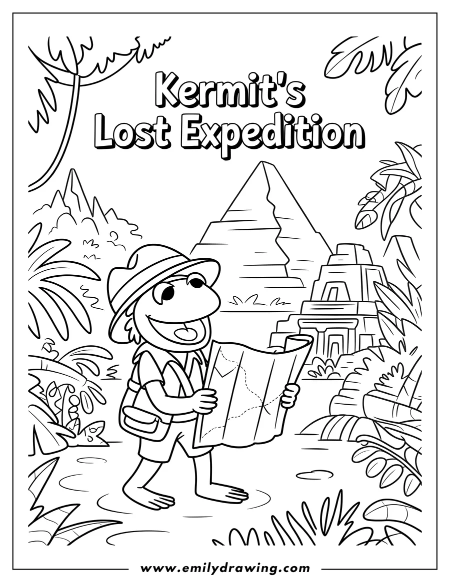 Black and white line art of kermit the Frog