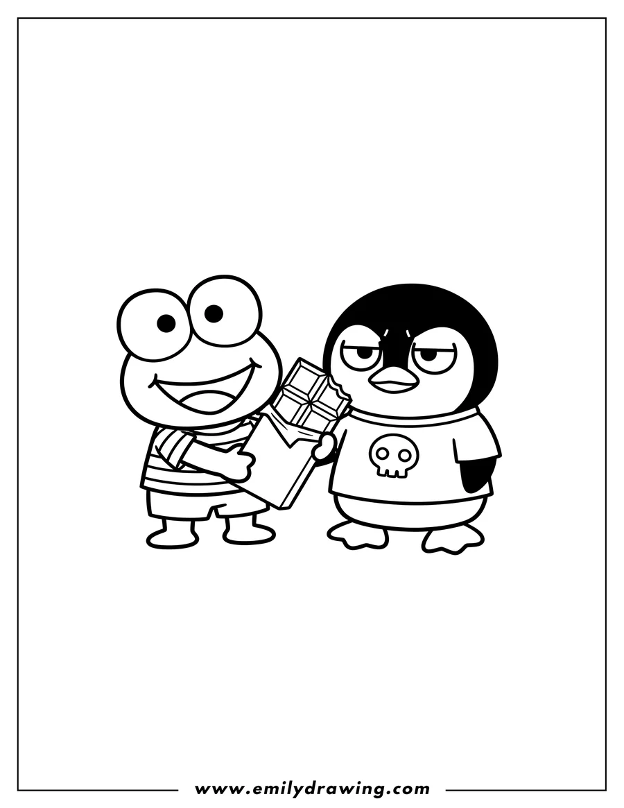 Coloring page for kids: keroppi giving a chocolate bar to a grumpy Badtz-Maru, who is holding Keroppi's arm