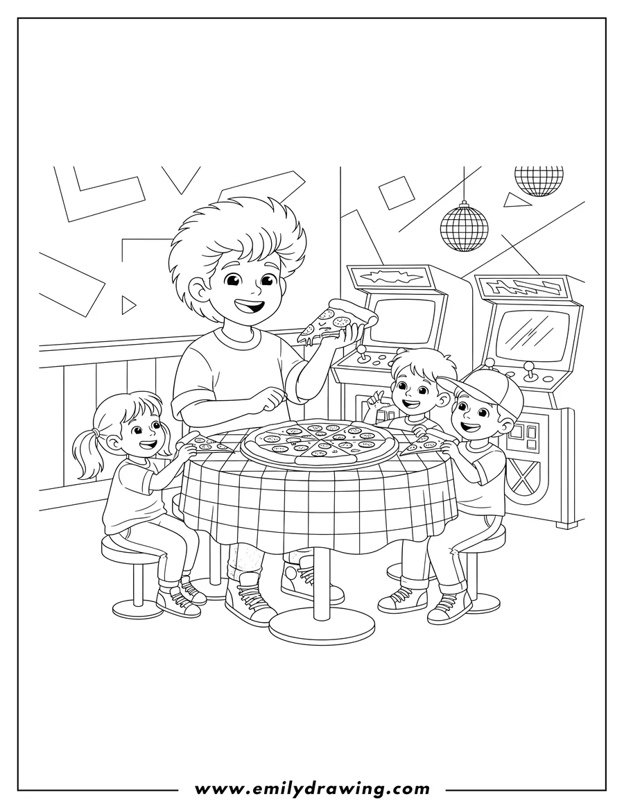 Free printable coloring sheet of kids sharing pizza and smiling at a pizzeria with arcade machines, 80s