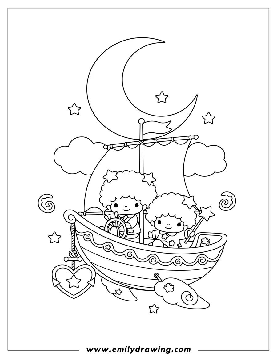 PDF style coloring page: kiki and Lala in a flying sailboat with an anchor, under a crescent moon