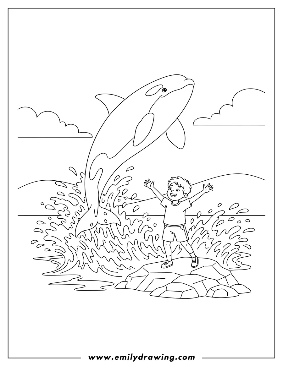 Printable line art of killer Whale Leaping from Splashing Water Above Boy Reaching Up on Rocks