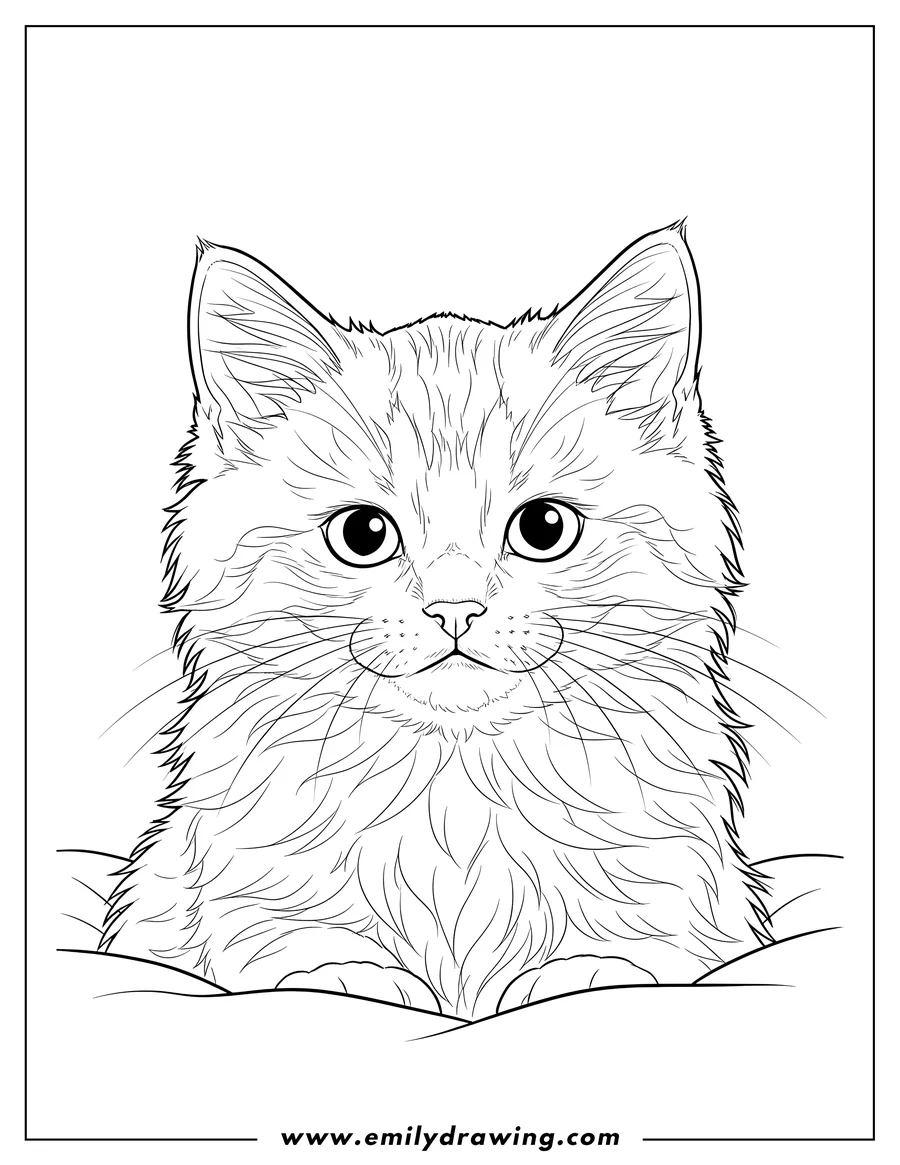 Printable line art of close Up Realistic Kitten, fluffy, looking forward