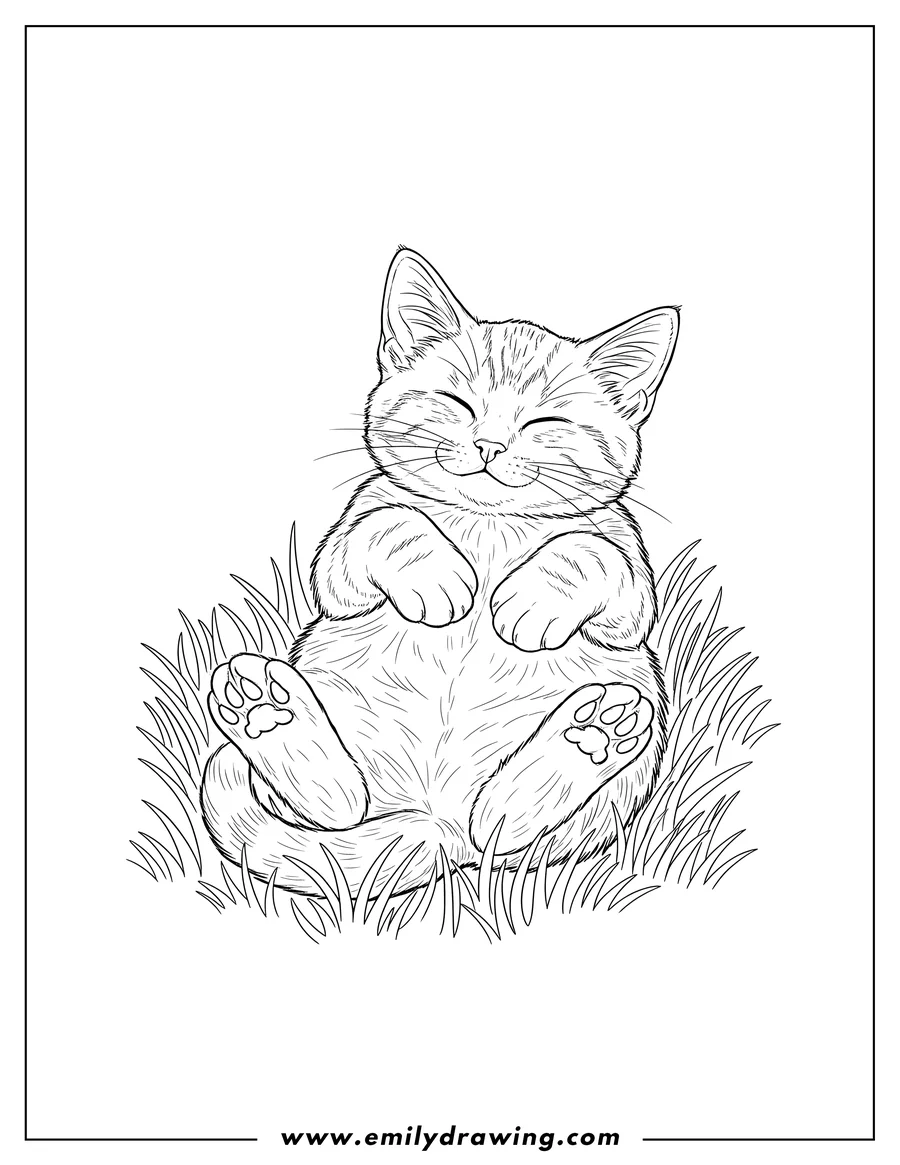 Doodle style coloring picture of realistic kitten rolling on grass, lying on its back with paws up