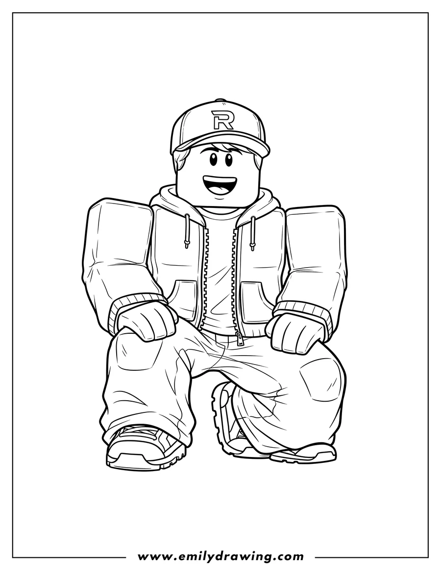 Full page coloring image of roblox character wearing a cap and jacket, kneeling
