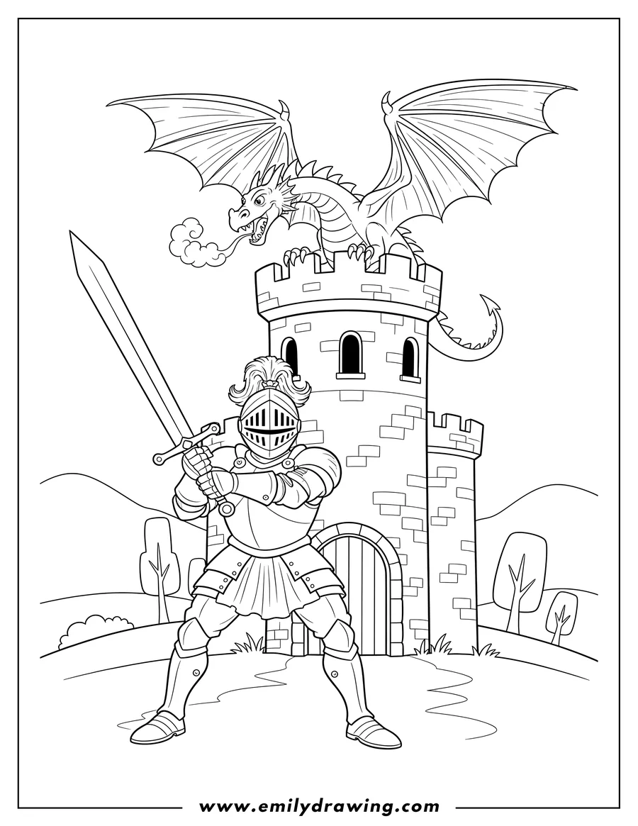 Outline drawing of realistic Knight holding a sword, facing a castle tower with a dragon perched on top and its wings spread