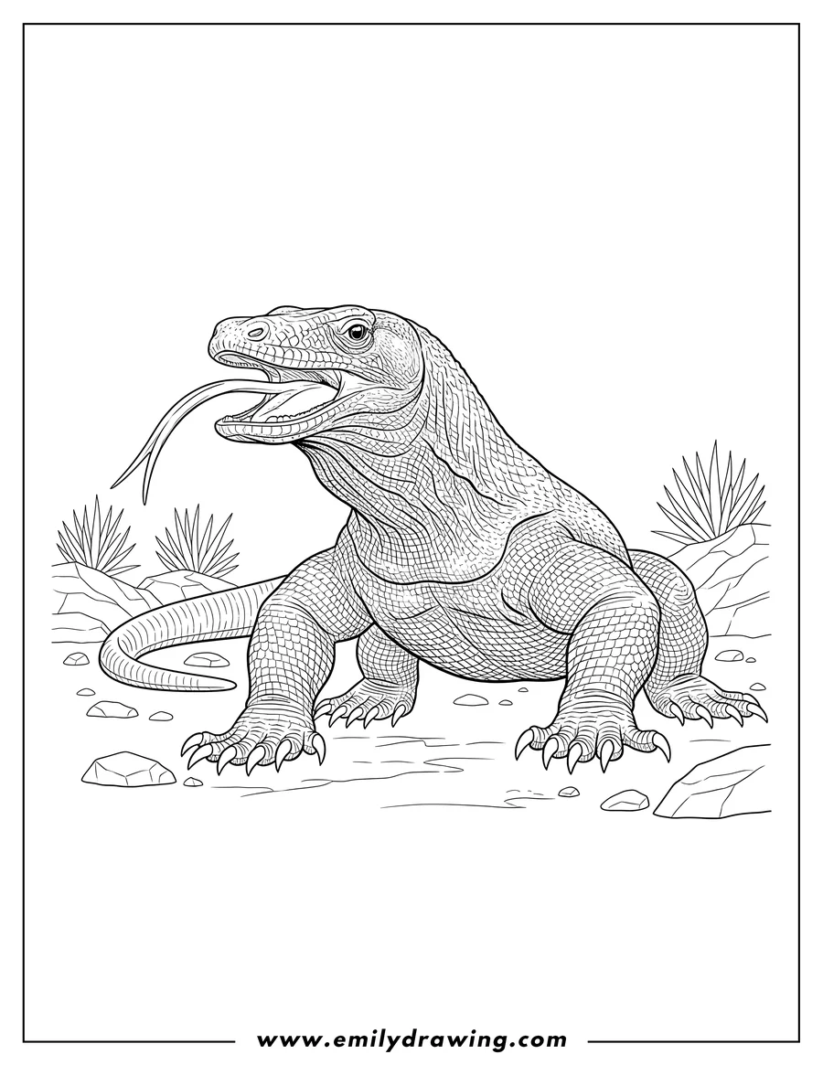 Simple sketch of realistic Komodo Dragon Hissing, crawling forward with its forked tongue out to color