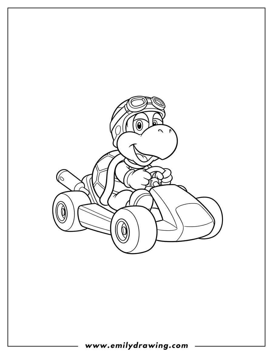 Coloring sheet featuring koopa Troopa Riding a racing Kart, holding the steering wheel