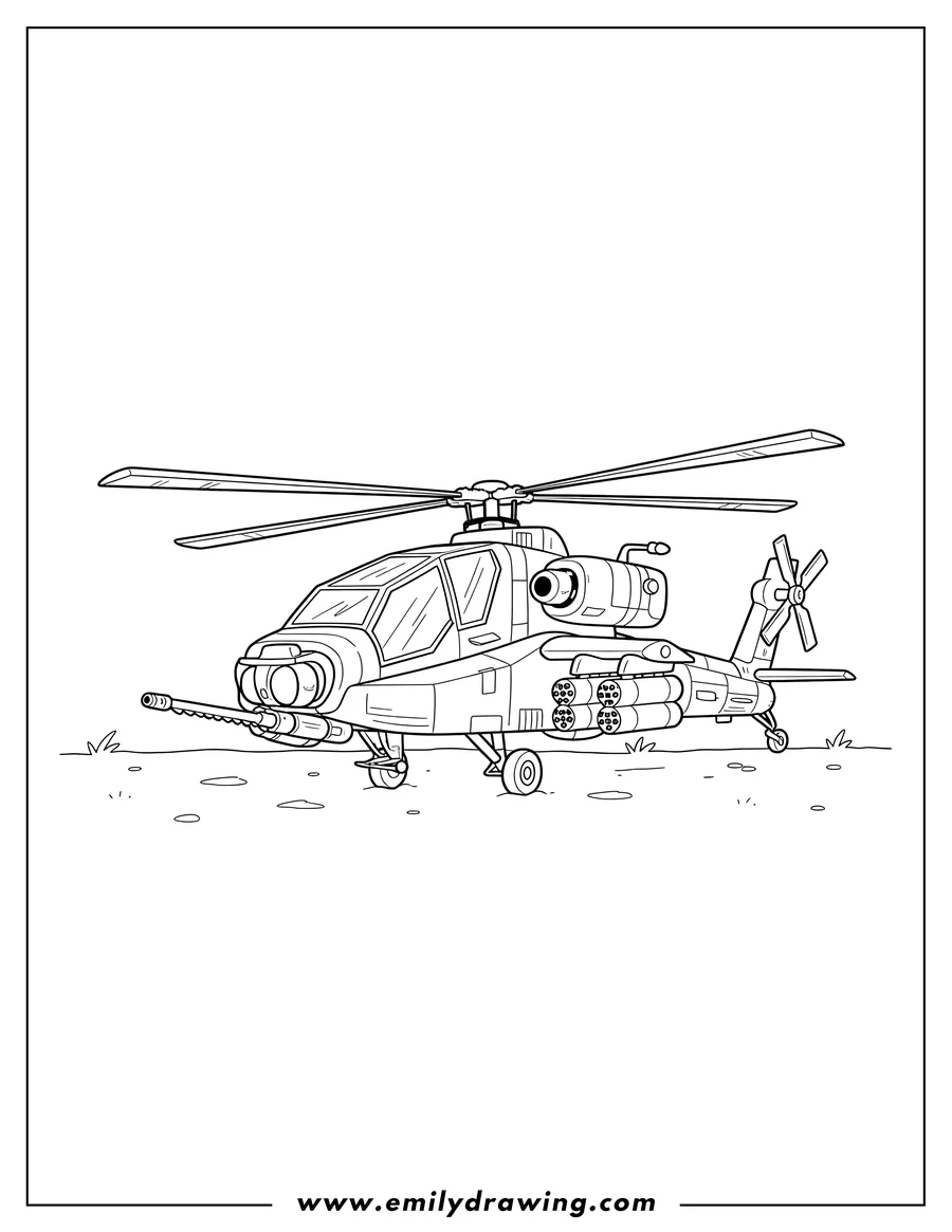 Doodle style coloring picture of apache Helicopter Scaled, landed with a front gun and wing-mounted rockets