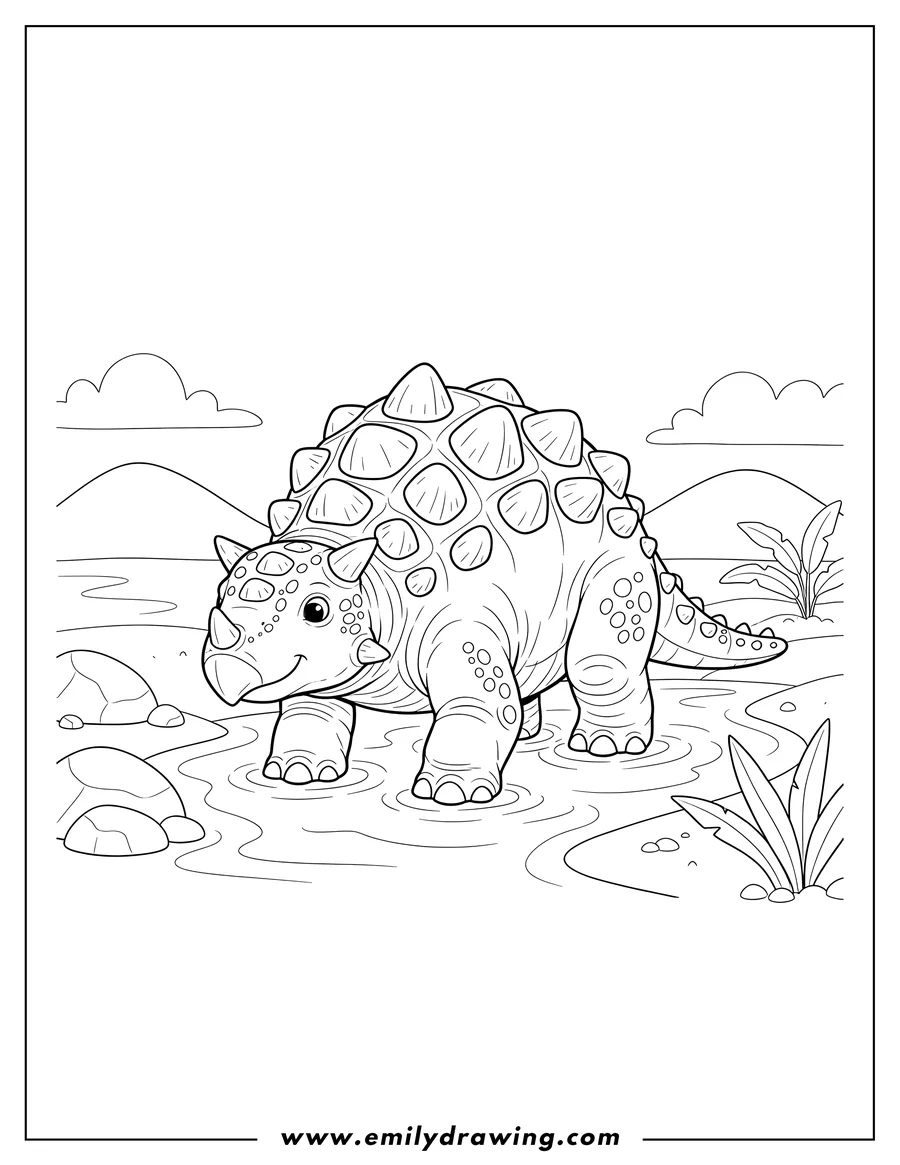 Black and white line art of large Ankylosaurus with a bumpy, armored back stepping into a river