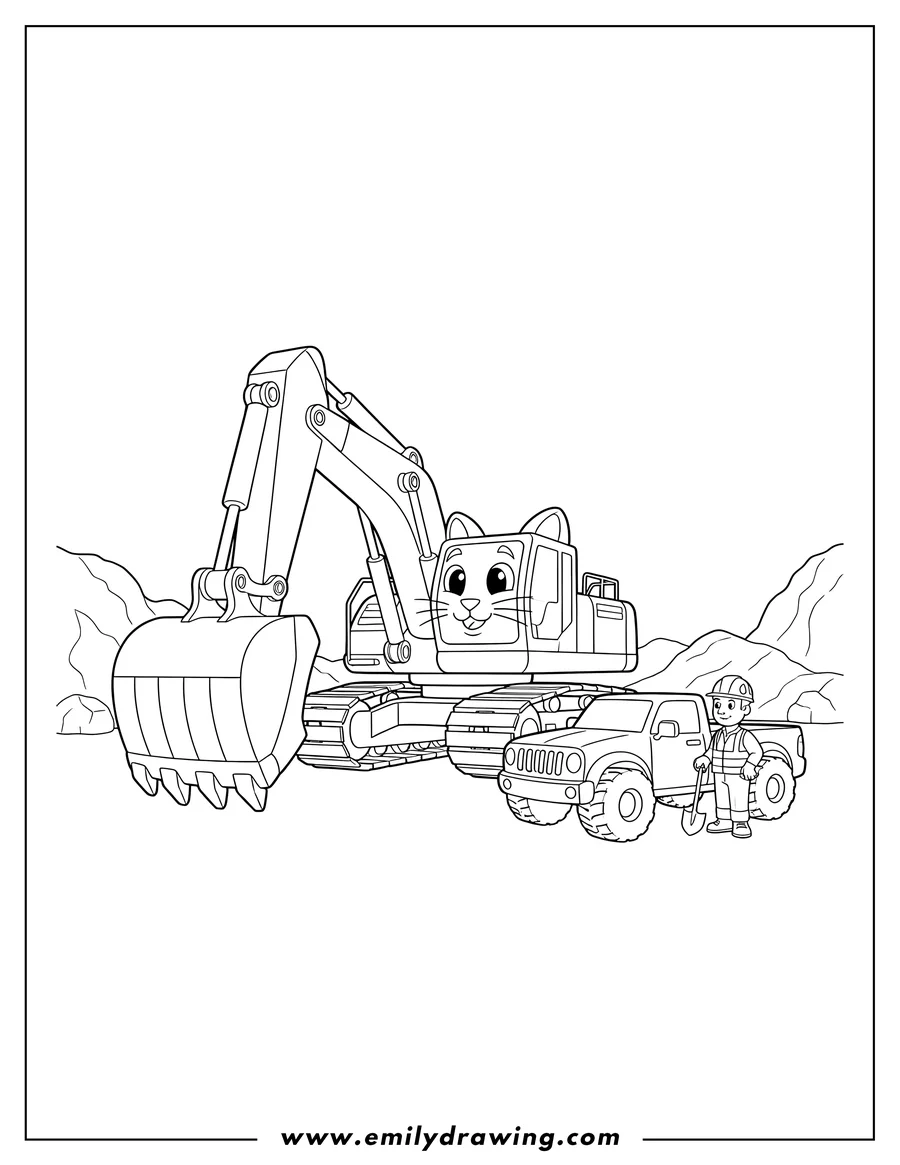 High quality printable large Mining Cat Excavator With Bucket To Color, with a pickup truck and a worker for coloring