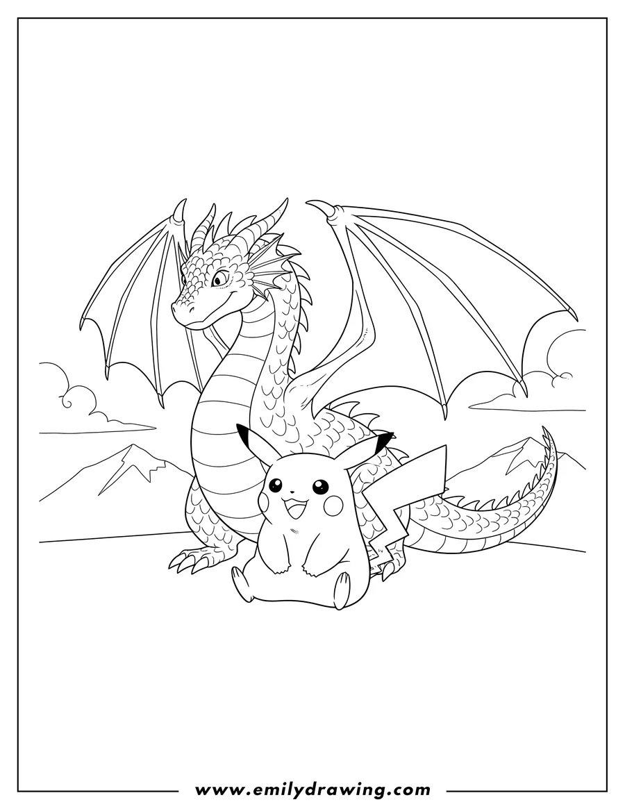 Simple sketch of realistic large winged dragon looming over a happy Pikachu to color