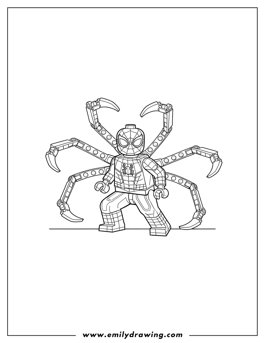 Black and white line art of lego Avengers Spider Man with four extended pincers
