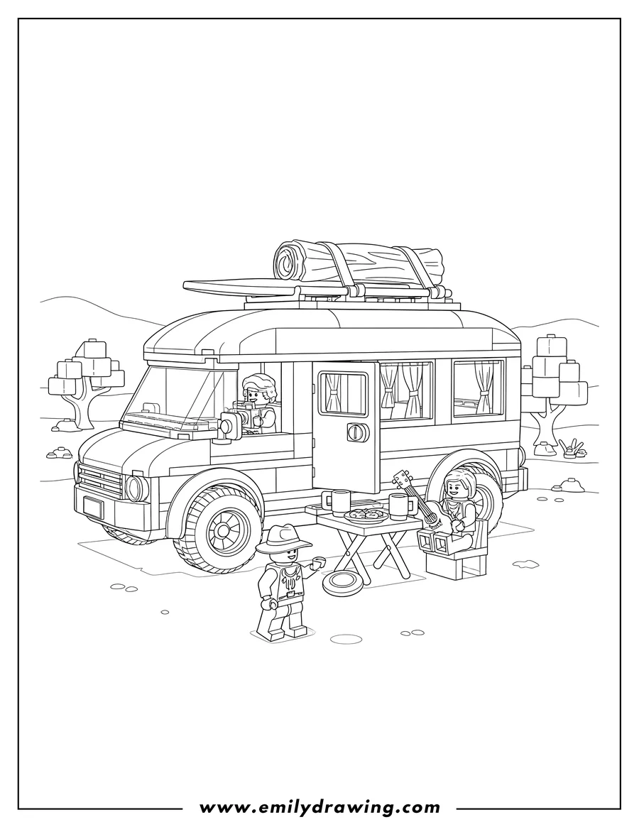 High quality printable lego City Holiday Camper Van with minifigures and outdoor table for coloring