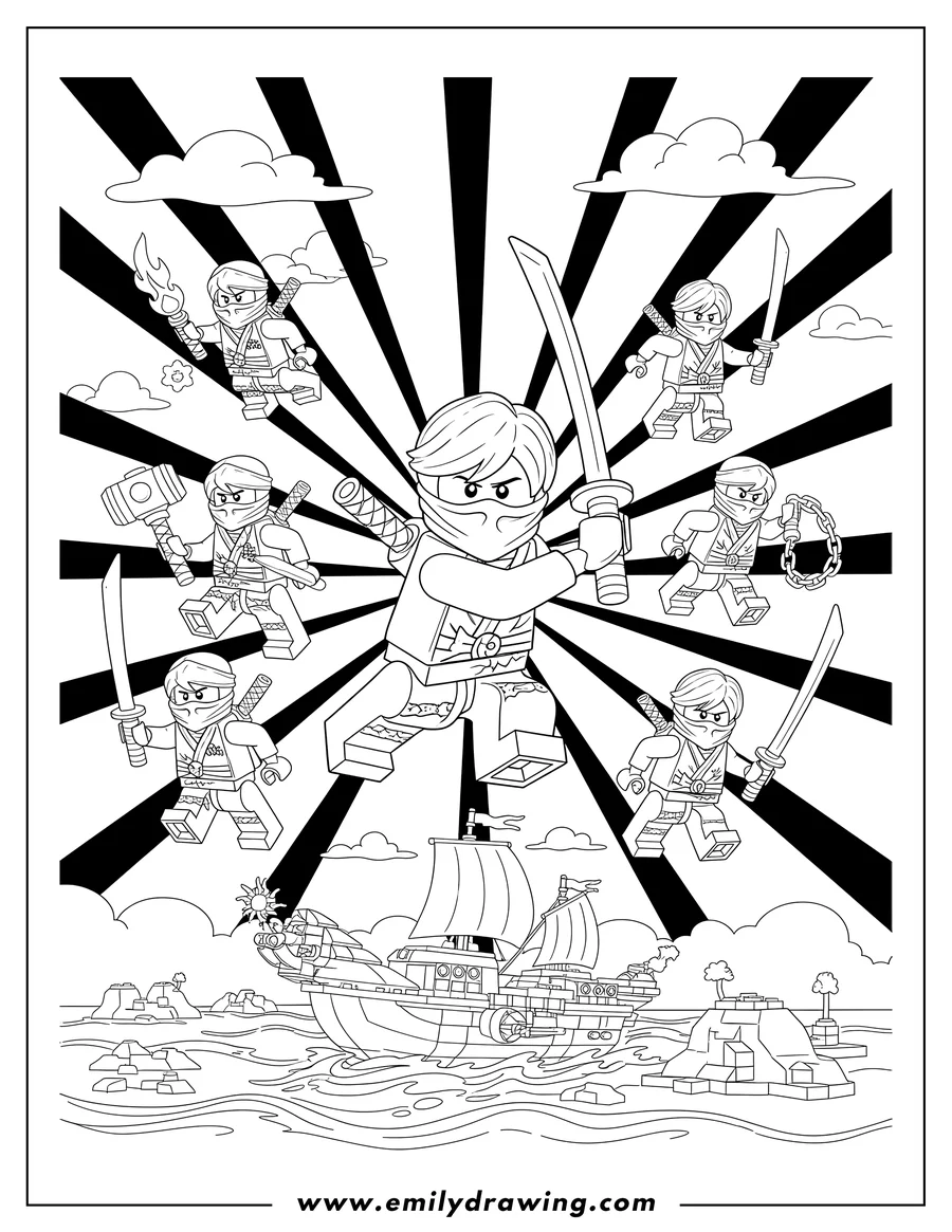 Free to print drawing of lego Ninjago Movie Poster with multiple ninjas in action poses, holding weapons