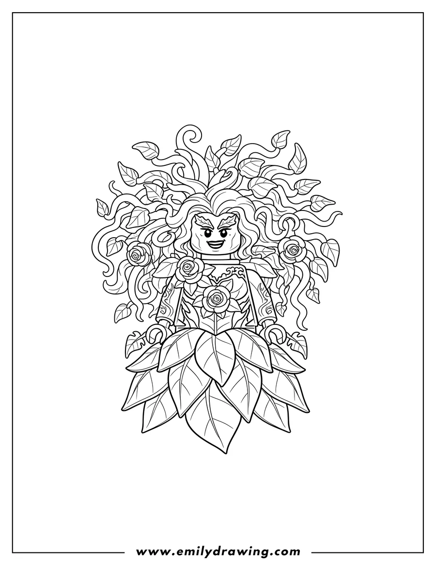 Coloring page of lego Poison Ivy with elaborate curly hair and a plant-themed outfit