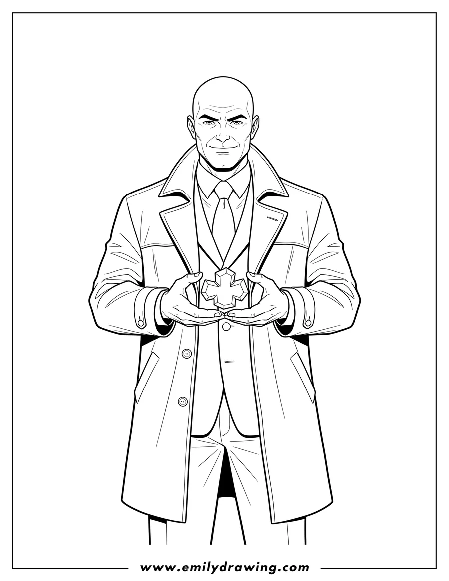 Black and white line art of lex Luthor in a suit, holding a small piece of kryptonite with both hands