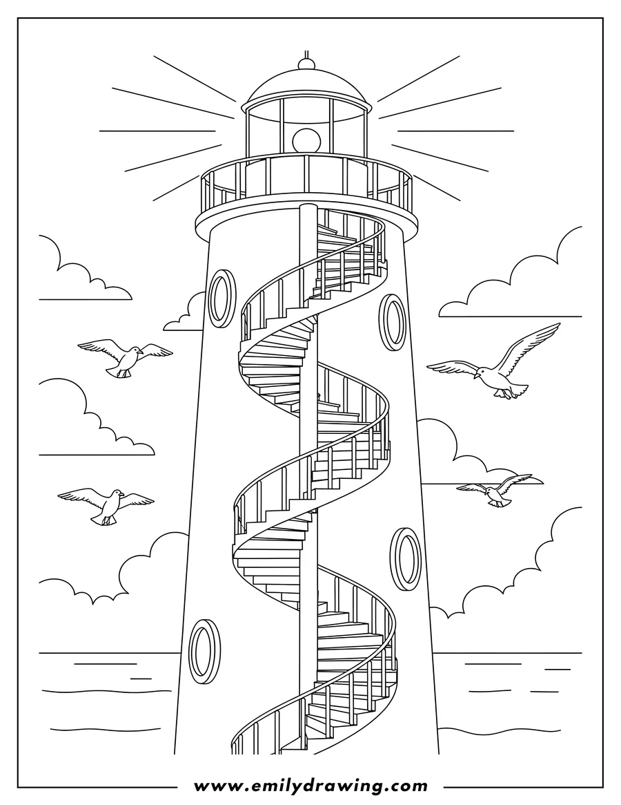 Clean line drawing: lighthouse Interior with Spiral Staircases and Flying Seagulls