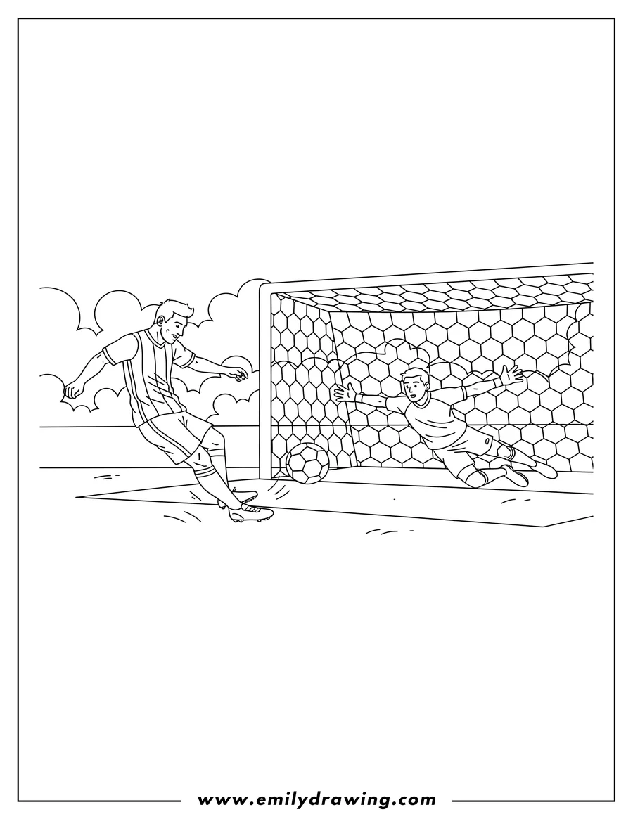 Coloring sheet featuring lionel Messi kicking a soccer ball into the goal while a goalkeeper dives