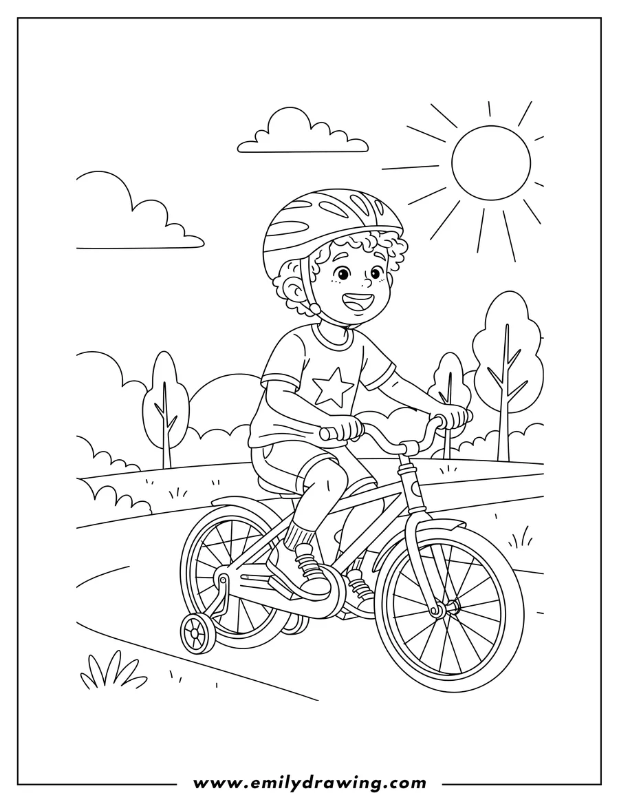 Doodle style coloring picture of realistic Little Boy Riding Bicycle Park, wearing a helmet, smiling