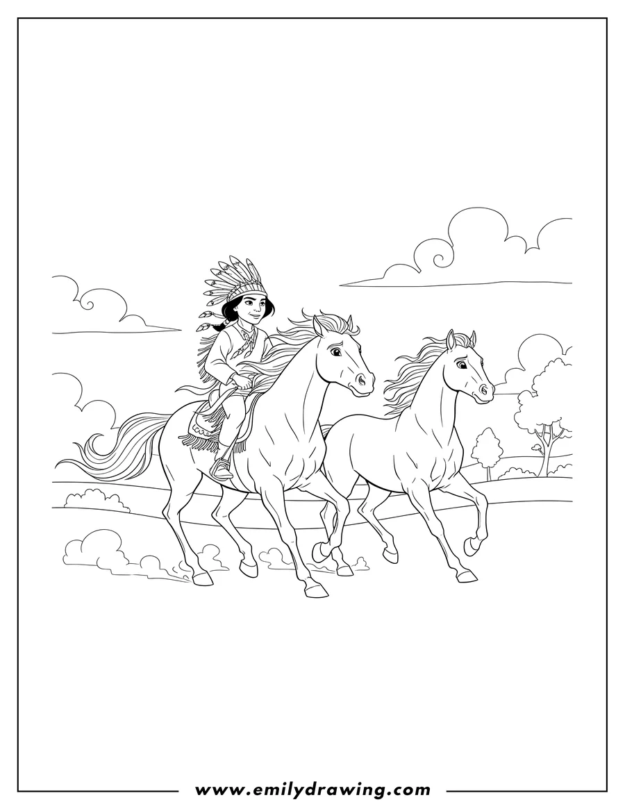 Full page coloring image of little Creek riding one horse from Spirit with a second horse running alongside, all running together