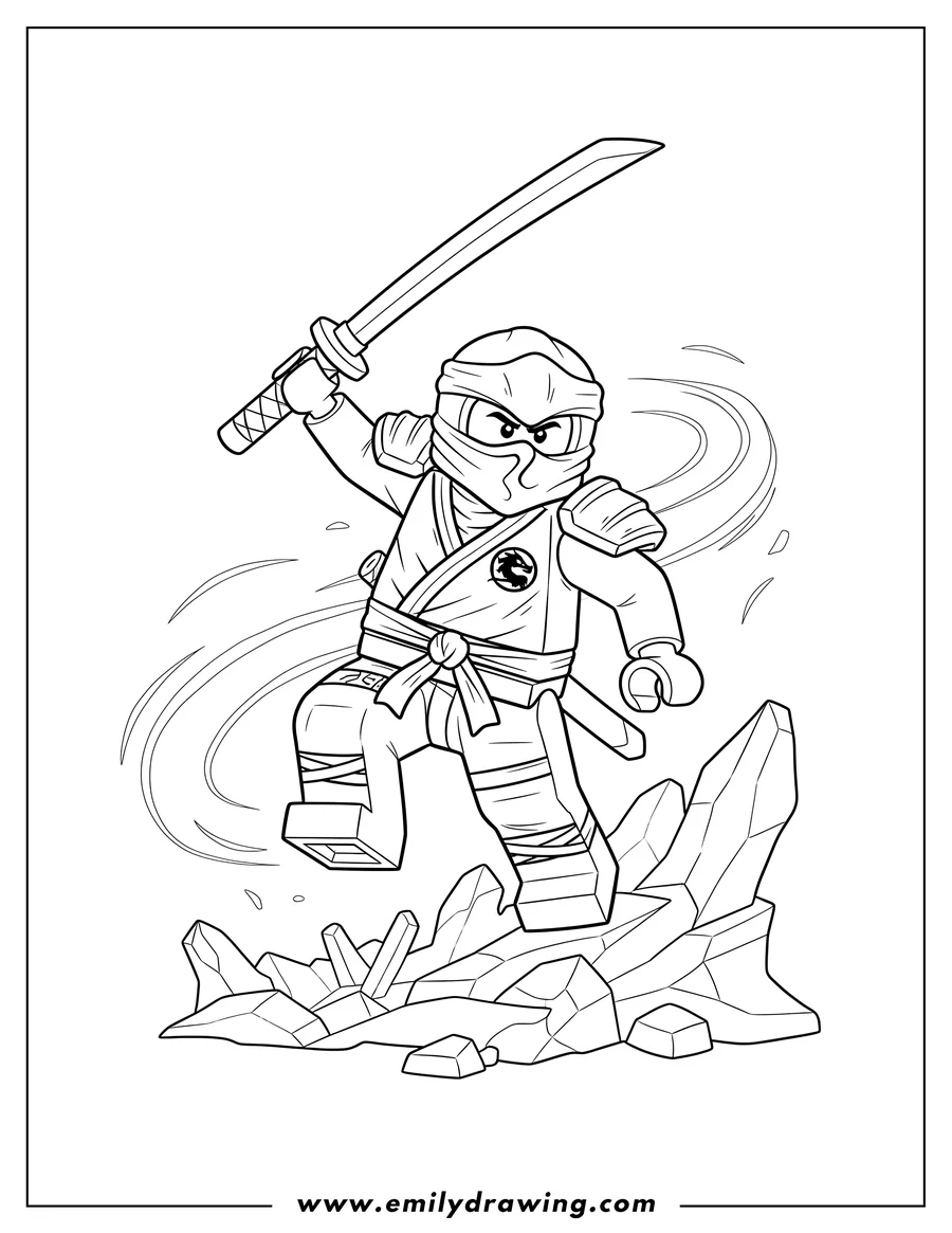 Coloring sheet featuring LEGO Ninjago Lloyd Montgomery Garmadon fighting with a katana in an action pose