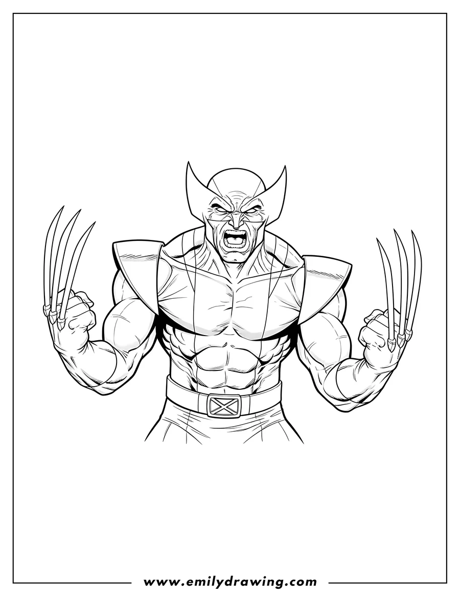 Downloadable coloring page of realistic Logan Wolverine growling with claws extended