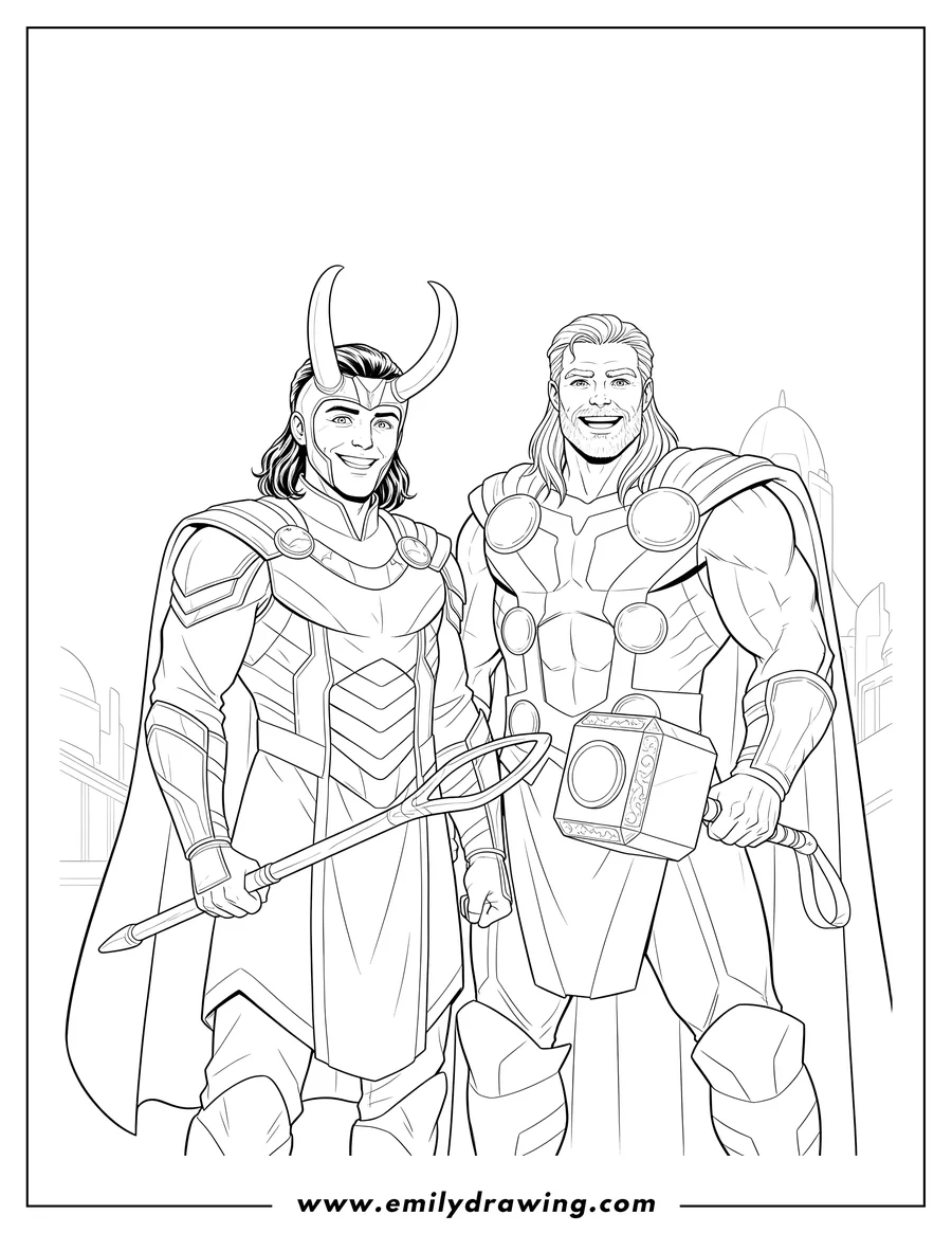 Simple sketch of realistic Loki smiling with Thor holding Mjolnir to color