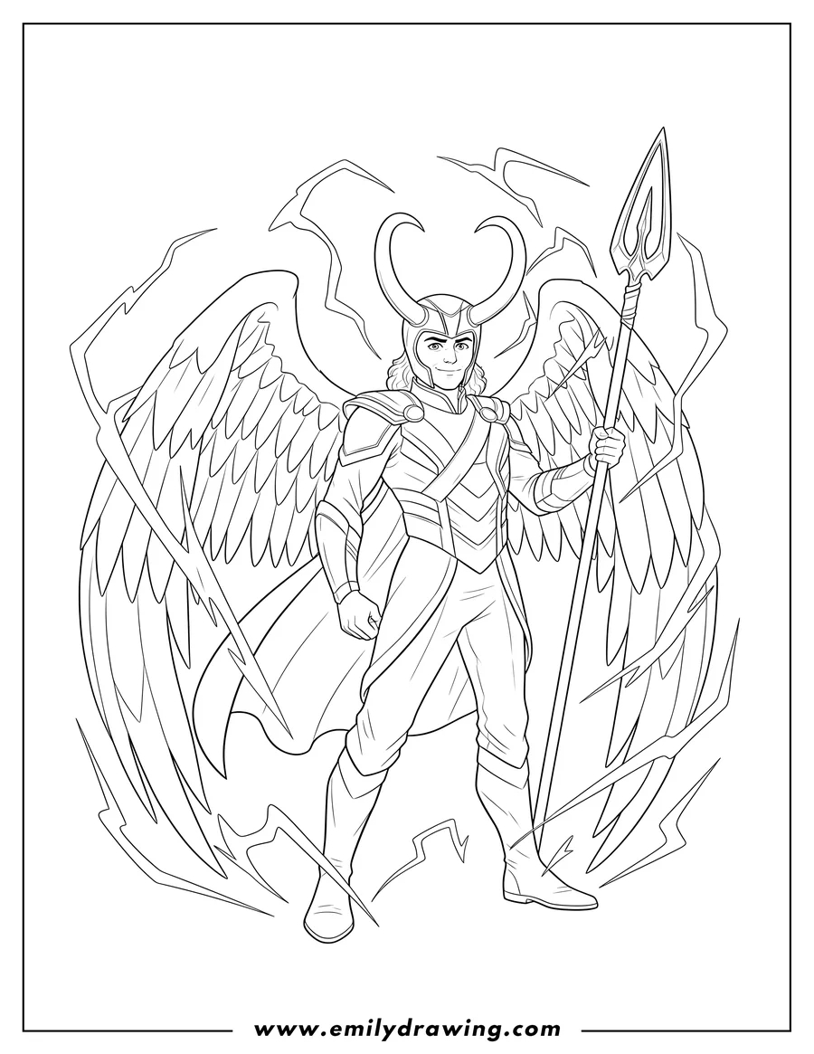 High quality printable loki wearing a horned helmet, with wings, holding a spear, surrounded by electricity for coloring