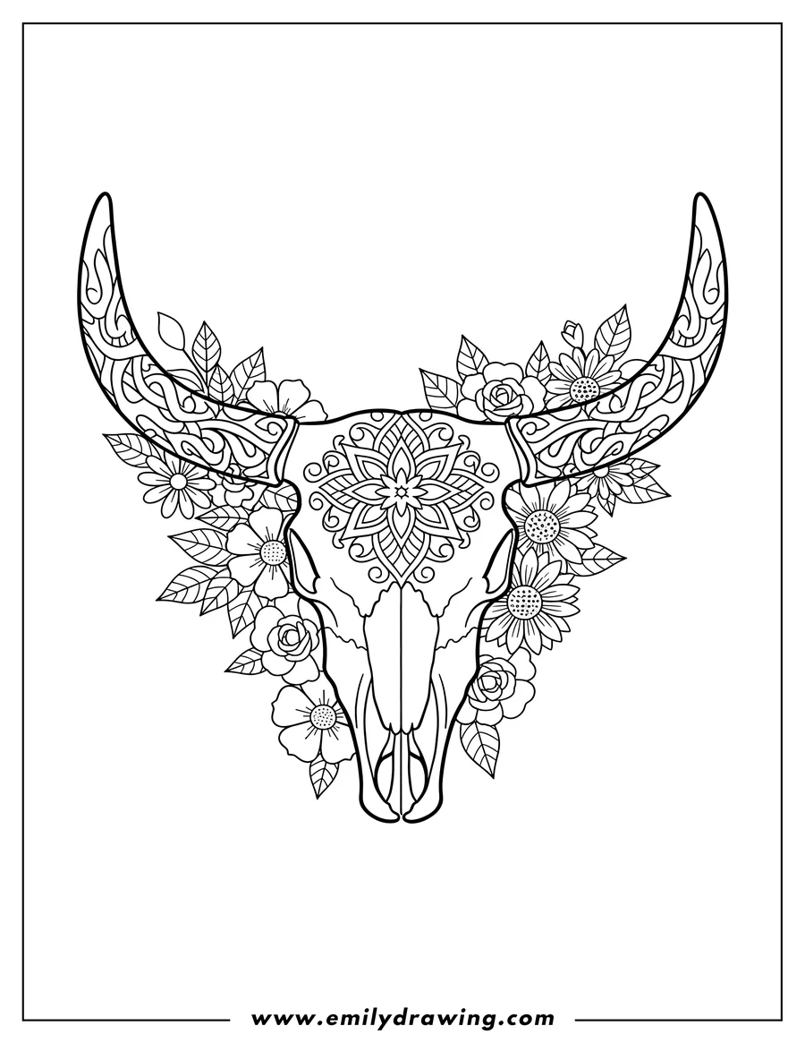 Coloring sheet featuring longhorn Cow Skull With Flowers Tattoo, featuring curved and patterned horns, an intricate design on its forehead, and decorative clusters of flowers and leaves