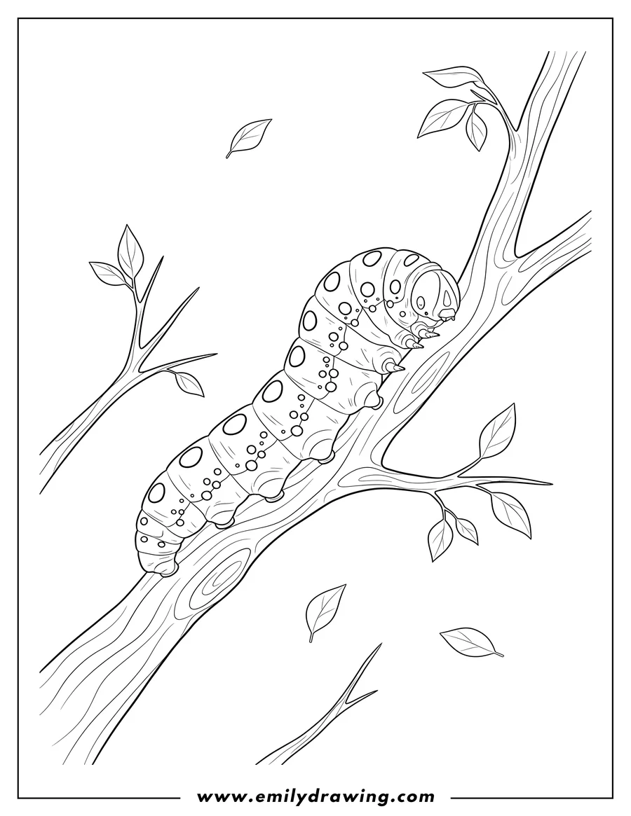 Free printable coloring sheet of realistic Looking Caterpillar To Color, with visible spots, on a branch