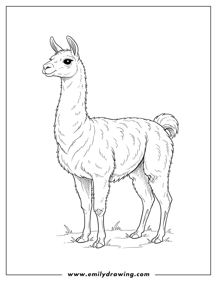 Coloring page for kids: realistic Looking Llama 1, standing, in profile