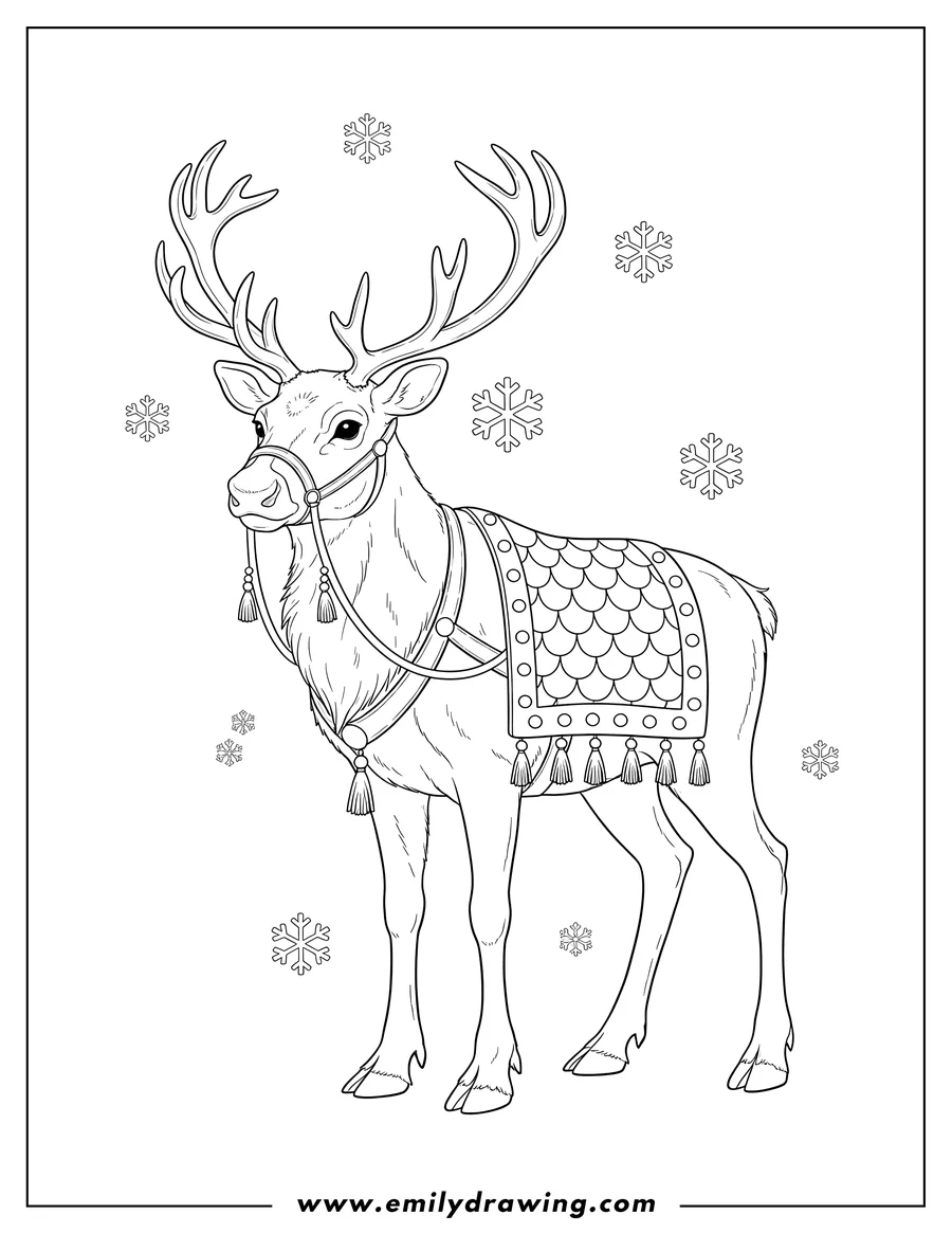 Coloring sheet featuring realistic Looking Reindeer Wearing Christmas Saddle Scaled, with a bridle and tassels