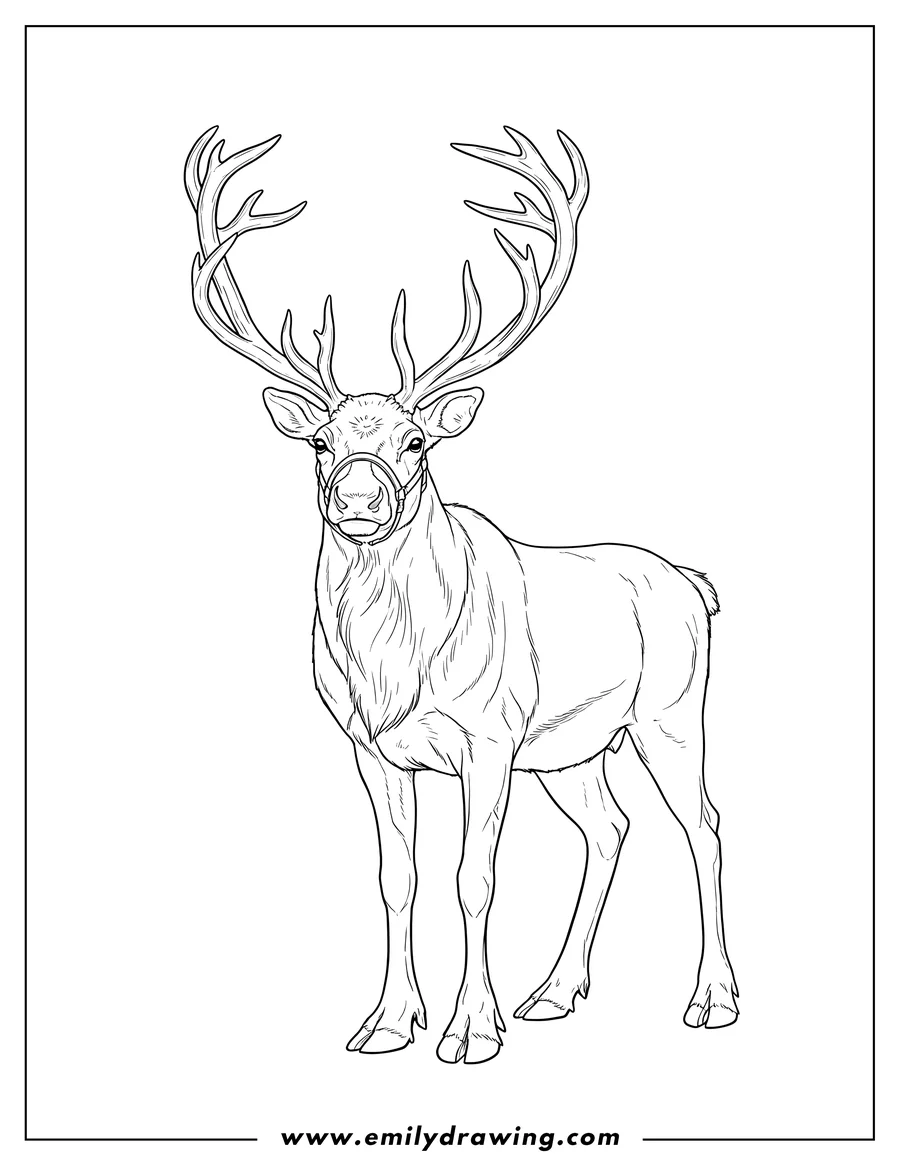 Vector style outline of realistic Looking Reindeer with Antlers and a Bridle, Standing, To Color