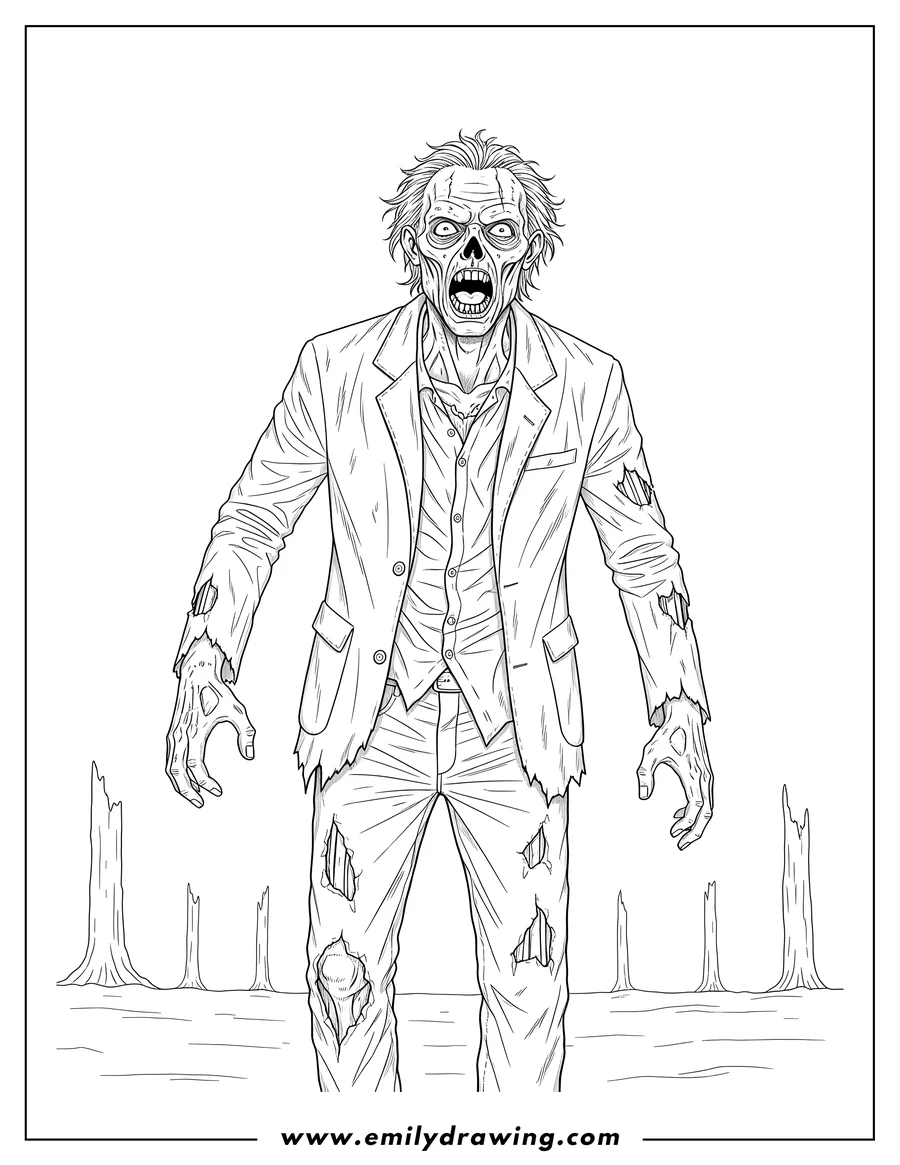 PDF style coloring page: realistic Looking Zombie walking with open mouth and torn clothes To Color Adults Scaled