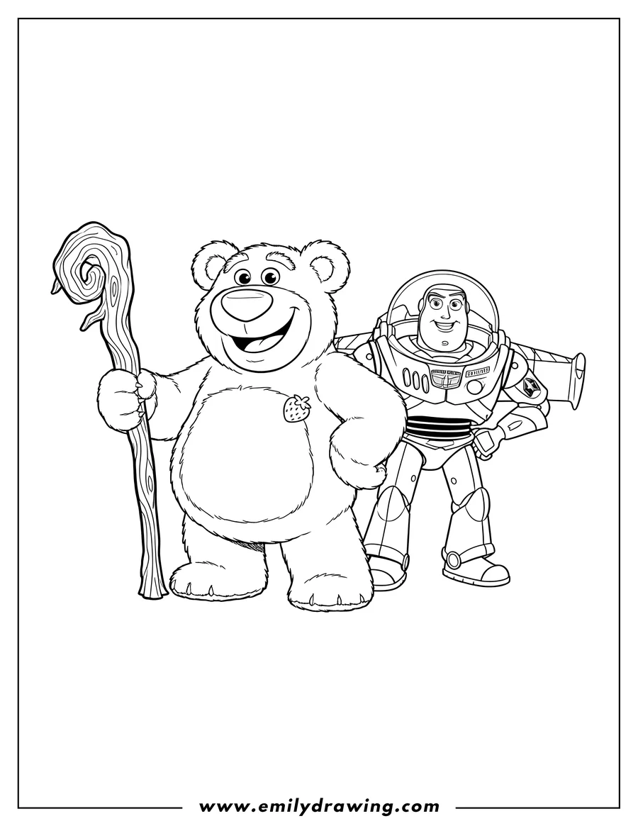Outline drawing of lotso Huggin' Bear holding a stick and Buzz Lightyear