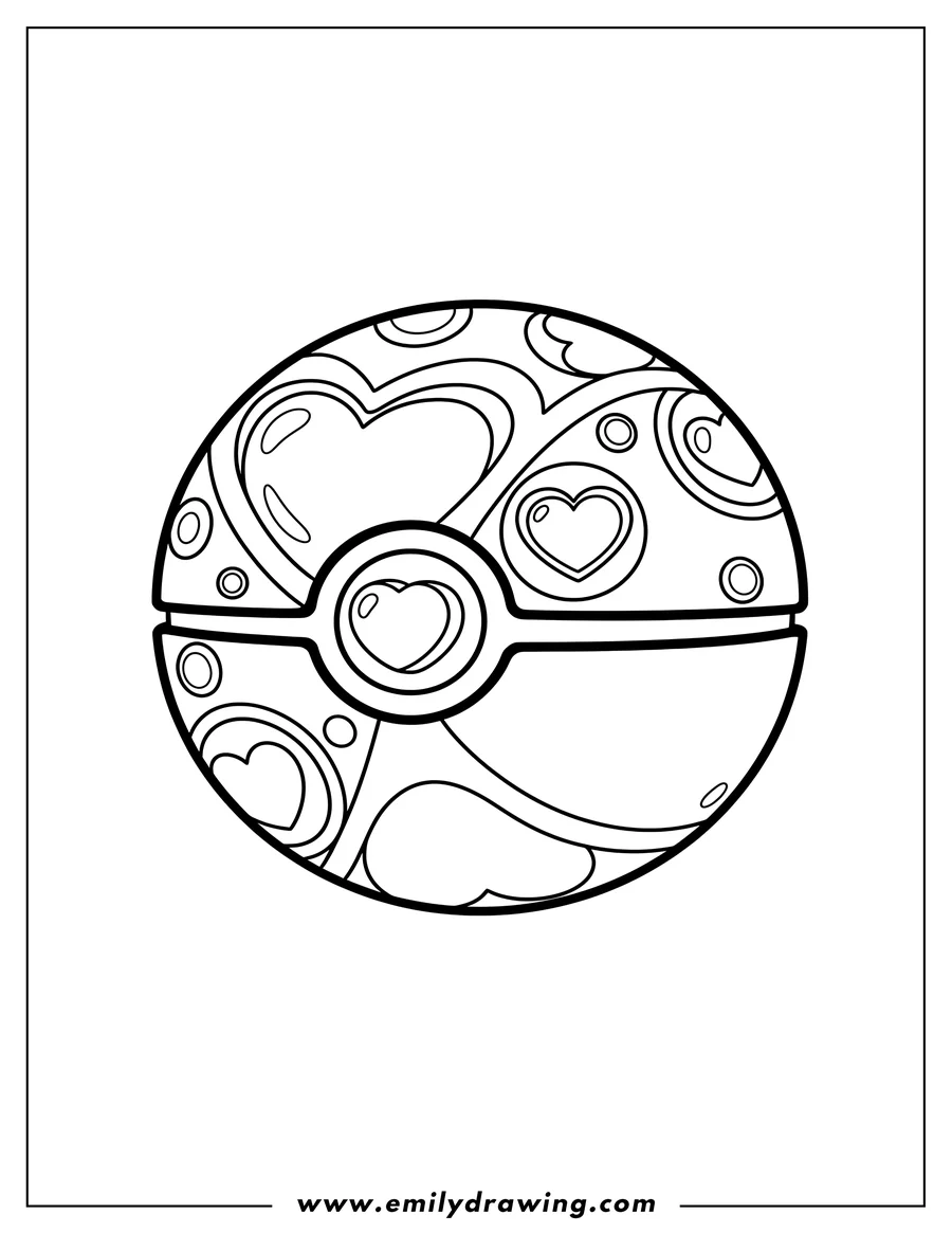 Full page coloring image of love Ball Pokeball with a heart design