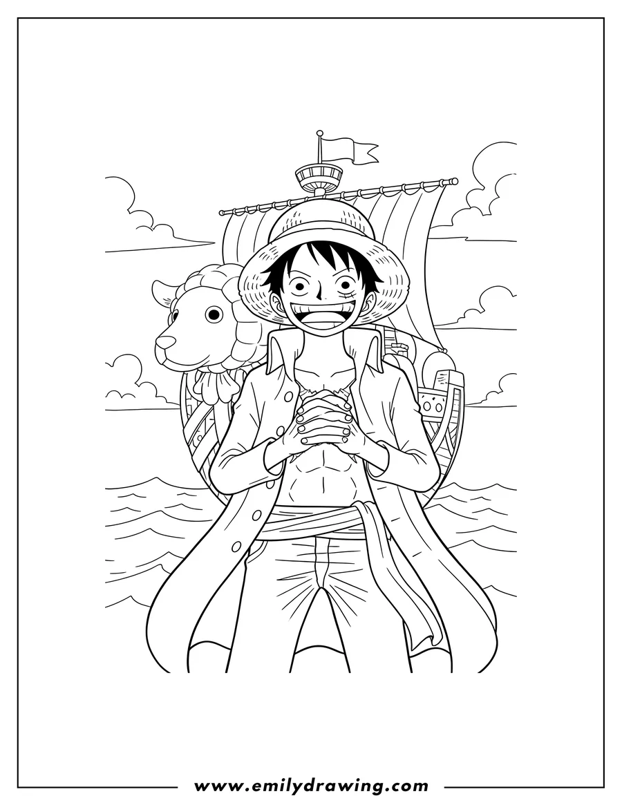 Printable coloring page of luffy grinning with hands clasped, wearing a long coat, standing in front of the Going Merry ship