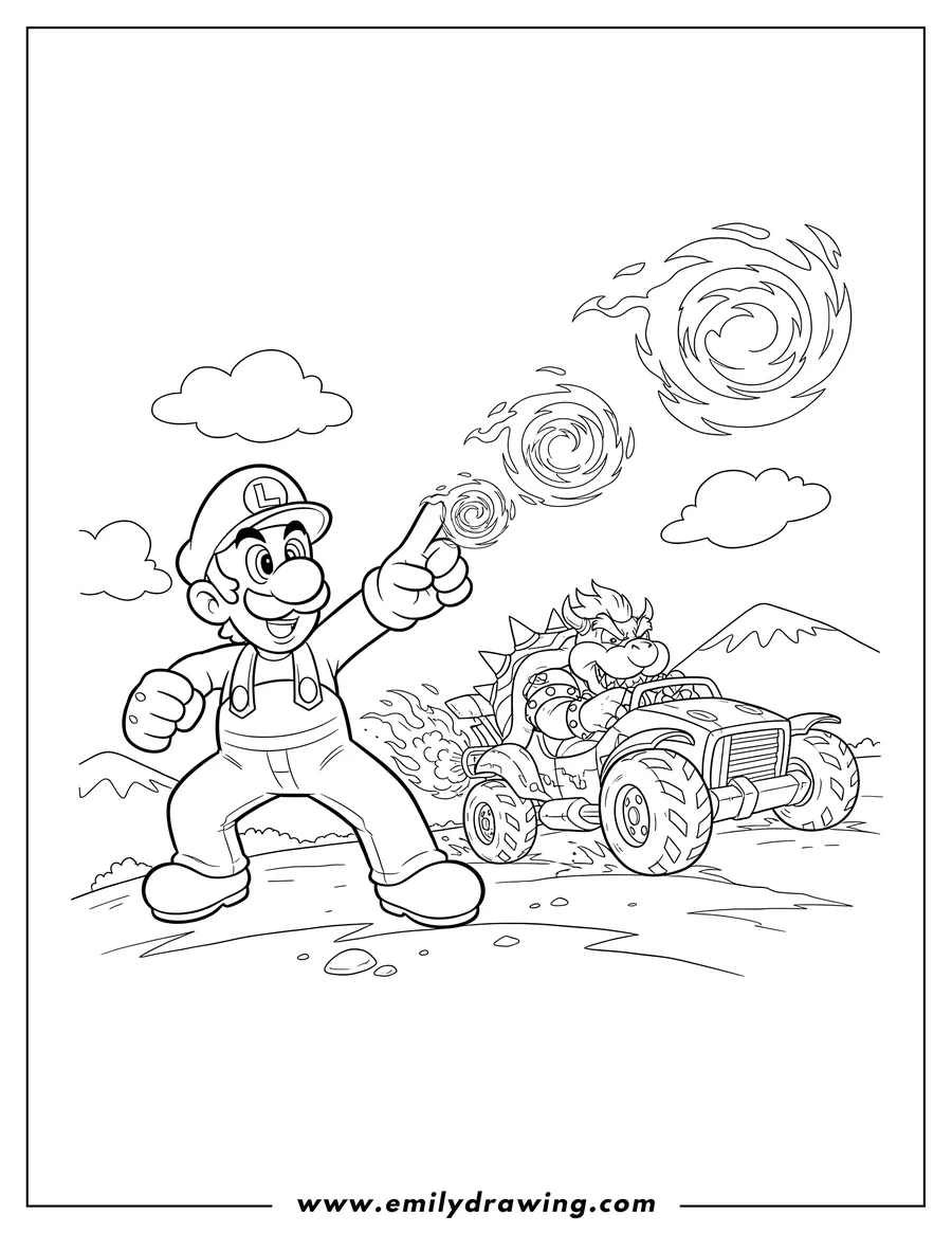 Free printable coloring sheet of luigi throwing fireballs while Bowser drives a fiery car