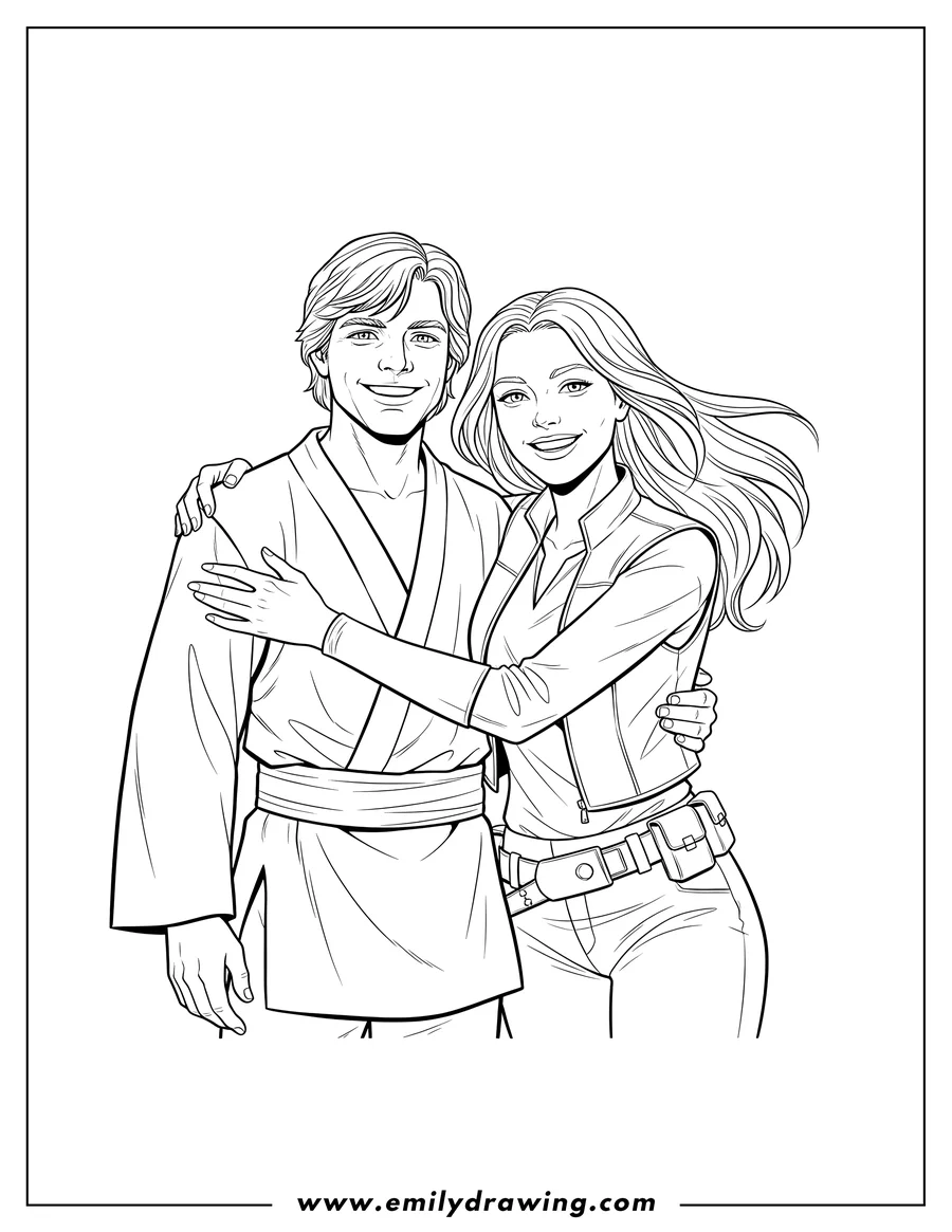 Clean line drawing: luke And Mara Jade Skywalker smiling, with Mara's arm around Luke