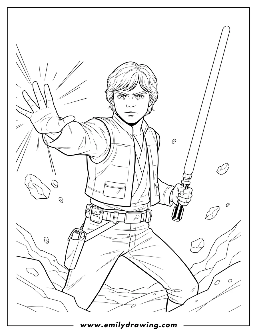 Coloring page of realistic Luke Skywalker Using Force and holding a lightsaber