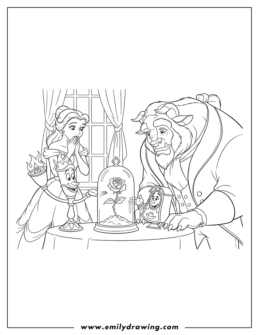 Clean line drawing: lumiere and Cogsworth showing the enchanted rose under a bell jar to a surprised Belle and Beast