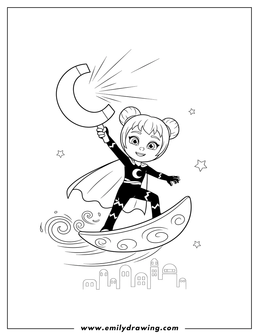 Outline drawing of luna Girl on her Luna Board holding her Luna Magnet