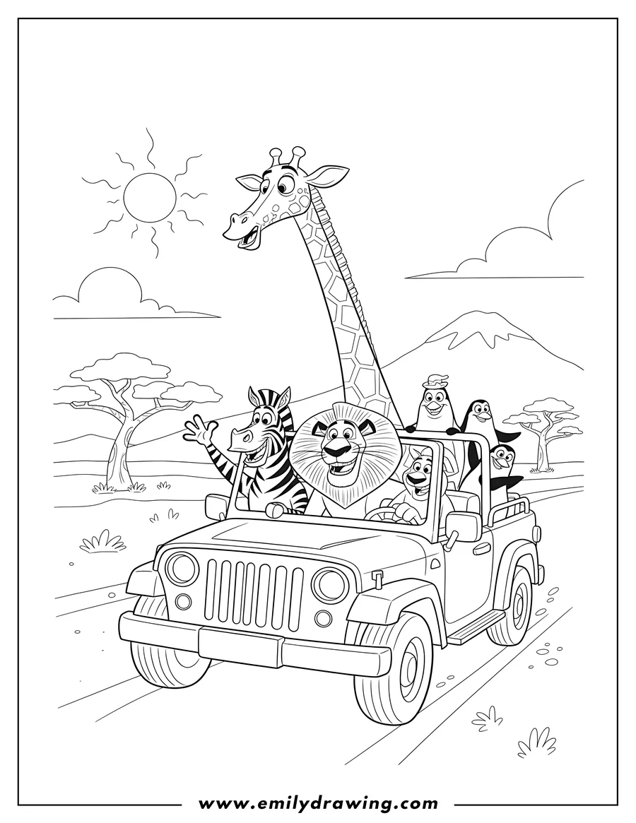 Clean line drawing: madagascar Alex, Marty, and friends excitedly riding in a jeep, with Melman sticking out of the top