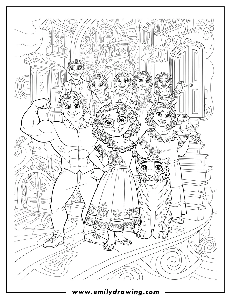 PDF style coloring page: madrigal Family Inside Casita with Mirabel smiling, Luisa flexing, and Antonio with his animals