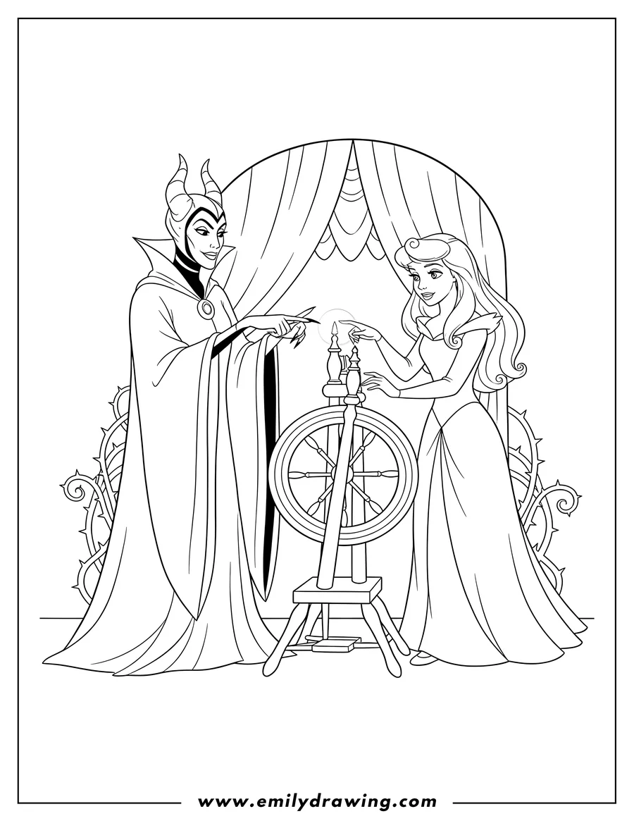Outline drawing of maleficent guides Princess Aurora to a spinning wheel, pointing to its spindle while Aurora reaches out