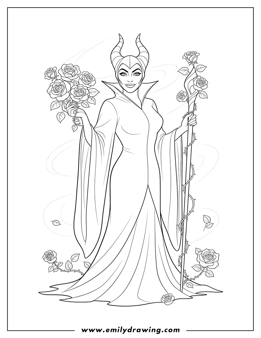 Coloring page of realistic Maleficent with roses