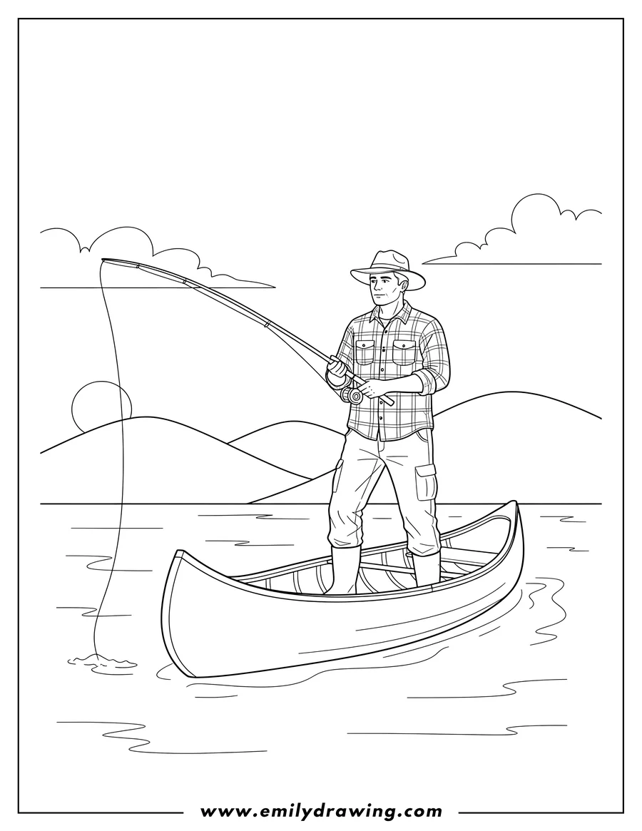 Vector style outline of realistic man wearing a hat standing in a canoe with a fishing rod