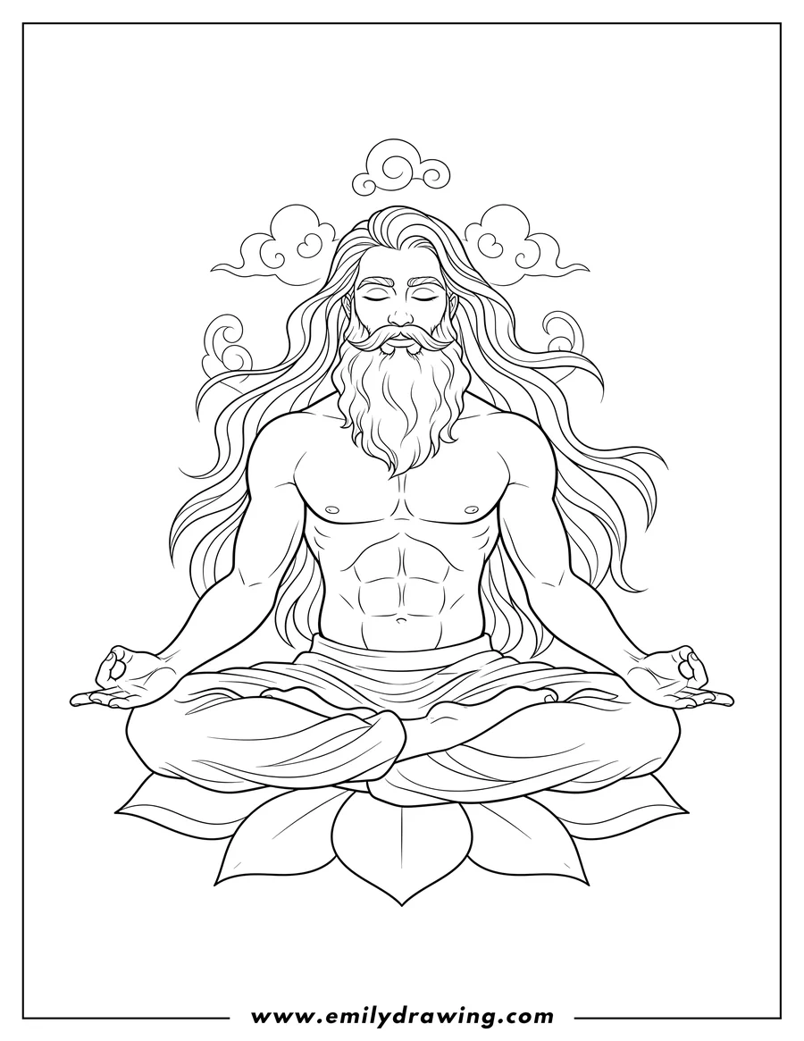 Clean line drawing: realistic Man with beard and long hair, shirtless, eyes closed, meditating in lotus pose