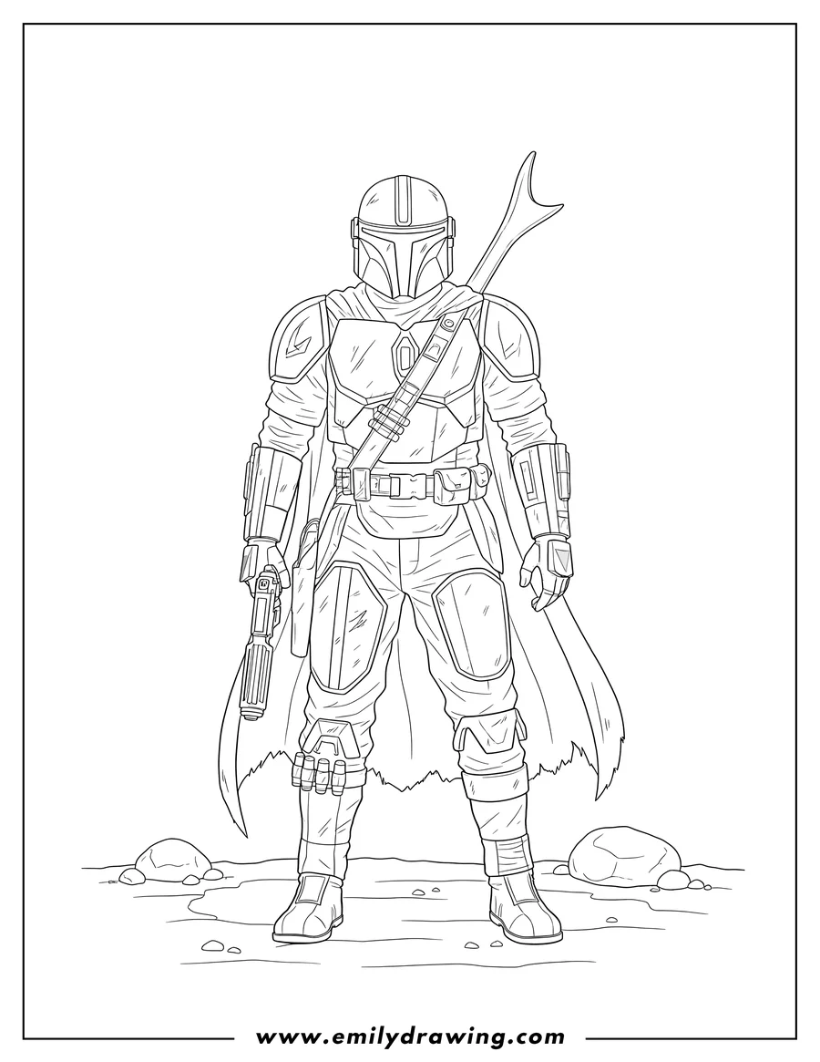 Simple sketch of realistic Mandalorian Armor standing, holding a blaster with a rifle on their back to color