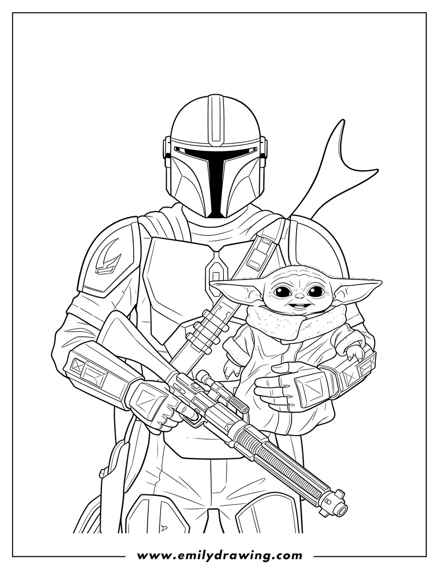 Printable coloring page of realistic Mandalorian wearing his helmet and holding a rifle, cradling a smiling Baby Yoda wrapped in a blanket